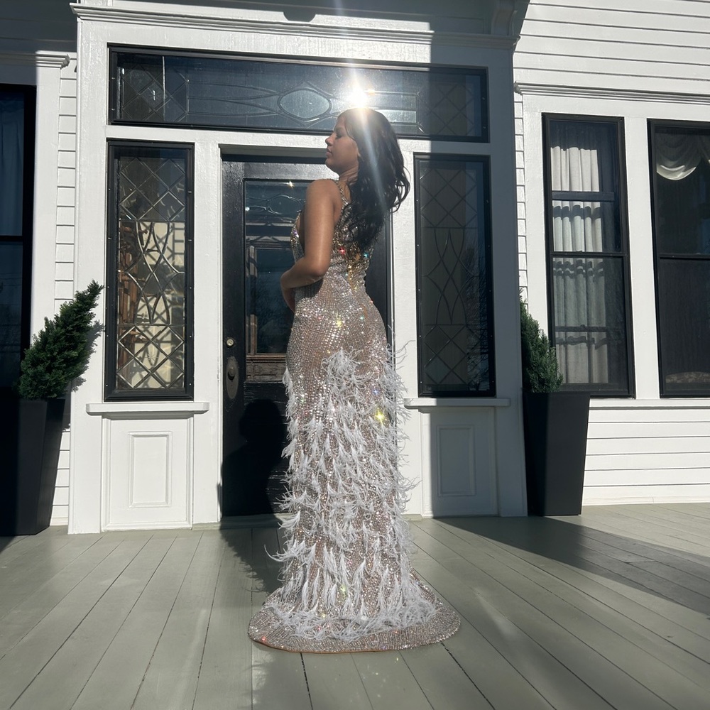 Elegant Silver and White Feather Gown